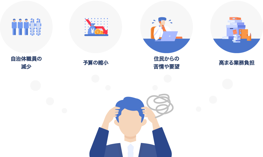 自治体職員の減少、予算の縮小、住民からの苦情や要望、高まる業務負担